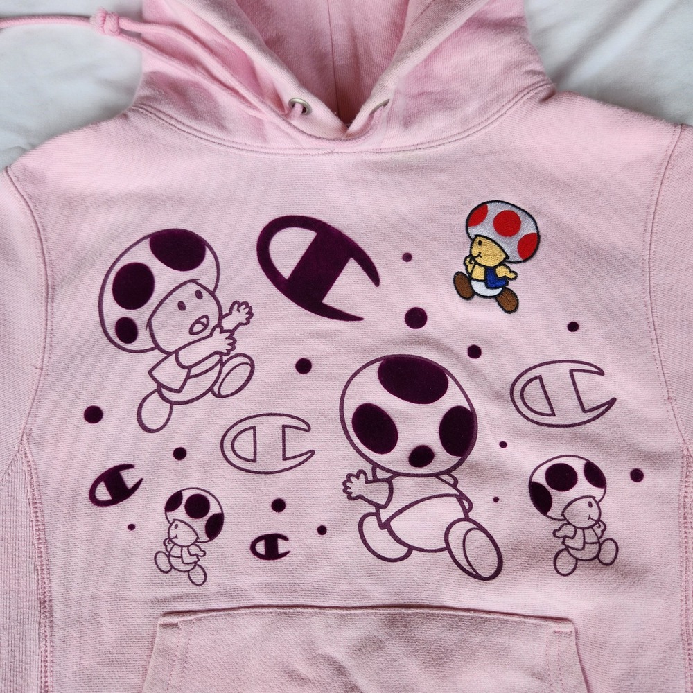 Champion x Mario Toad collab Reverse Weave Hoodie Sweatshirt‎ Pink XS
